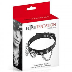 Нашийник ланцюжками, шипами і кільцем Fetish Tentation Choker Rings and Chains, екошкіра