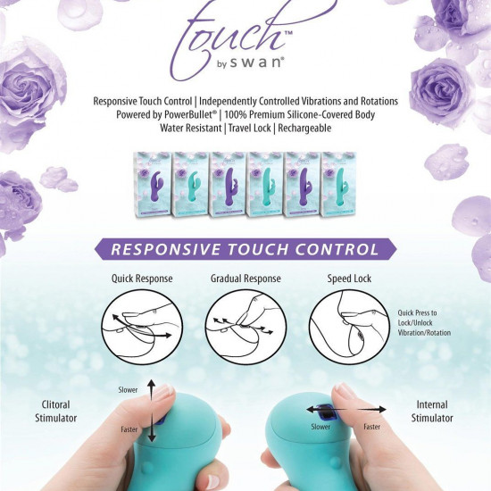 Вібратор-кролик з сенсорним управлінням і ротацією Touch by SWAN - Duo Teal, глибока вібрація Вібратор-кролик з сенсорним управлінням і ротацією Touch by SWAN - Duo Teal, глибока вібрація