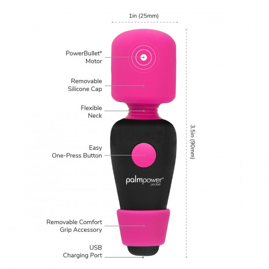 Мини-вибромассажер PalmPower Pocket с чехлом на молнии, водостойкий, перезаряжаемый, длина 9 см