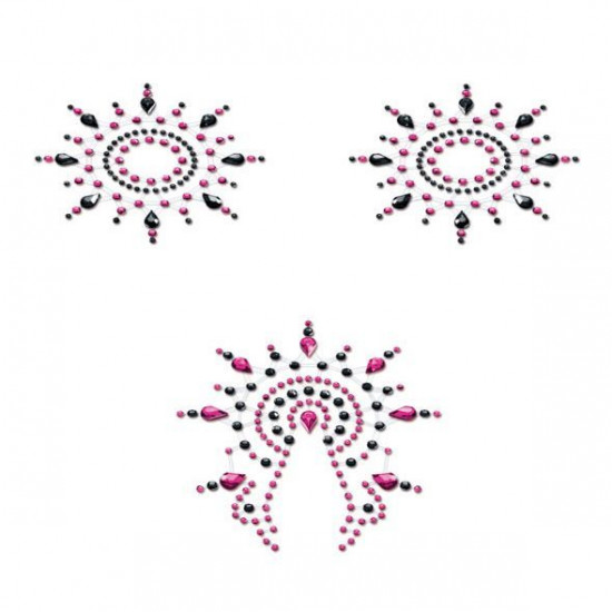 Пестіс з кристалів Petits Joujoux Gloria set of 3 - Black/Pink, прикраса на груди та вульву Пестіс з кристалів Petits Joujoux Gloria set of 3 - Black/Pink, прикраса на груди та вульву