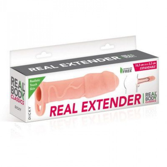 Насадка на член Real Body — Real Extender DICKY із закритою головкою та кільцем для мошонки Насадка на член Real Body — Real Extender DICKY із закритою головкою та кільцем для мошонки