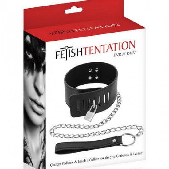 Ошейник с замком и с поводком Fetish Tentation Padlock and Leash