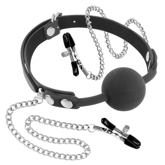 Кляп с силиконовым шариком и зажимами для сосков Fetish Tentation Gag Ball with Nipple Clamps