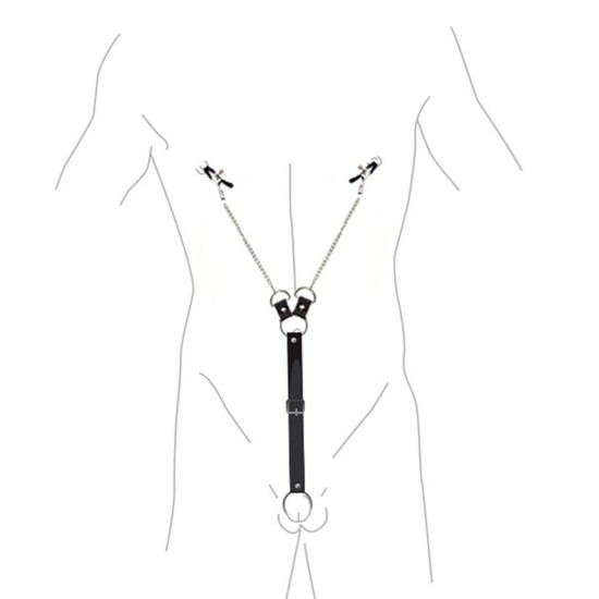 Затискачі для сосків з фіксацією на мошонці Nipple Clamps for Men, Еко шкіра Затискачі для сосків з фіксацією на мошонці Nipple Clamps for Men, Еко шкіра