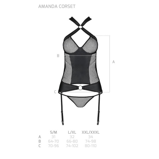 Сітчастий комплект корсет з халтером, зйомні підв'язки та трусики Amanda Corset black L/XL - Passion Сітчастий комплект корсет з халтером, зйомні підв'язки та трусики Amanda Corset black L/XL - Passion