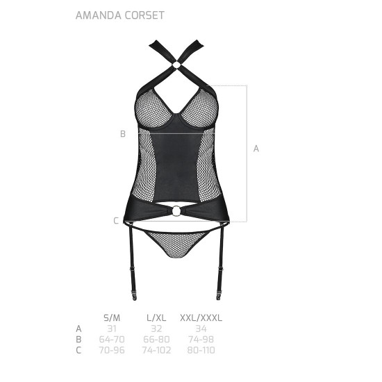 Сітчастий комплект корсет з халтером, зйомні підв'язки та трусики Amanda Corset black XXL/XXXL - Pas Сітчастий комплект корсет з халтером, зйомні підв'язки та трусики Amanda Corset black XXL/XXXL - Pas