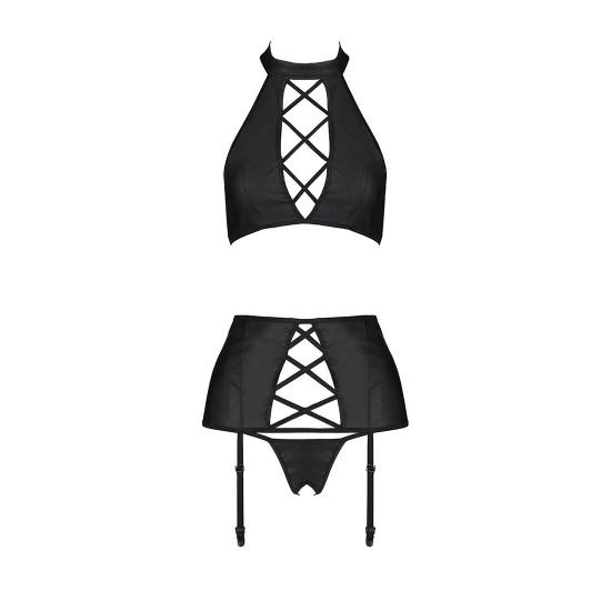 Комплект з еко-шкіри з імітацією шнурівки Nancy Set black L/XL - Passion топ, трусики та пояс для па Комплект з еко-шкіри з імітацією шнурівки Nancy Set black L/XL - Passion топ, трусики та пояс для па