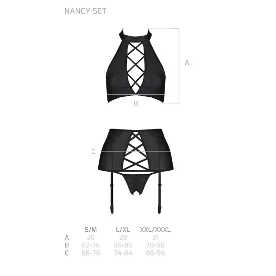 Комплект з еко-шкіри з імітацією шнурівки Nancy Set black XXL/XXXL - Passion топ, трусики та пояс дл Комплект з еко-шкіри з імітацією шнурівки Nancy Set black XXL/XXXL - Passion топ, трусики та пояс дл