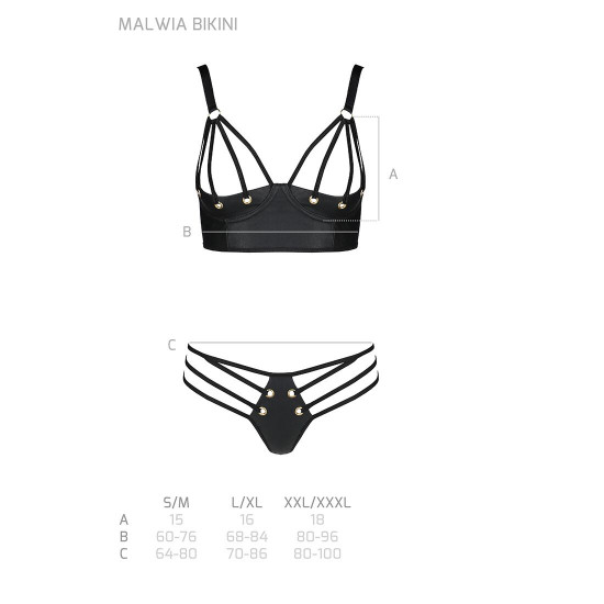Комплект з екошкіри з люверсами та ремінцями Malwia Bikini black L/XL — Passion, бра та трусики Комплект з екошкіри з люверсами та ремінцями Malwia Bikini black L/XL — Passion, бра та трусики