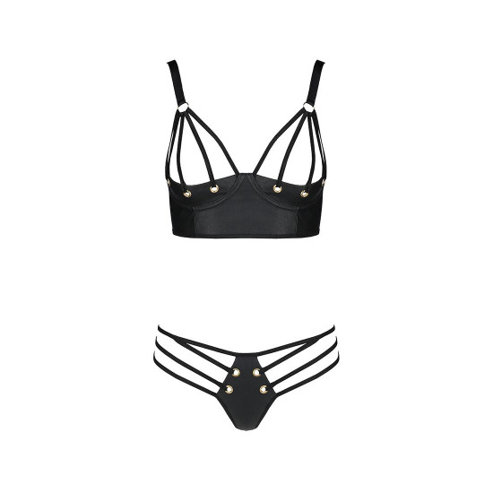 Комплект з екошкіри з люверсами та ремінцями Malwia Bikini black L/XL — Passion, бра та трусики Комплект з екошкіри з люверсами та ремінцями Malwia Bikini black L/XL — Passion, бра та трусики