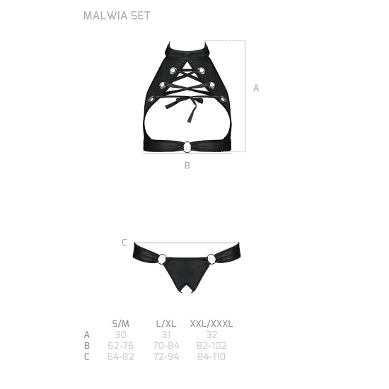 Комплект: відкритий топ та трусики з екошкіри з люверсами Malwia Set with Open Bra black XXL/XXXL — Комплект: відкритий топ та трусики з екошкіри з люверсами Malwia Set with Open Bra black XXL/XXXL —