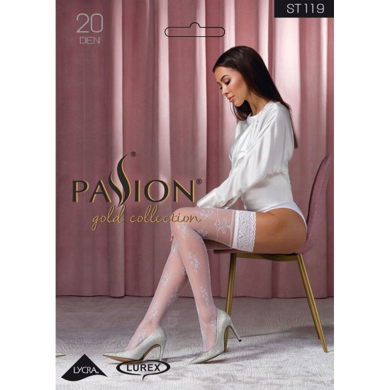 Панчохи Passion ST119 3/4 білі, на ажурній силіконовій резинці, з квітковим декором та люрексовою ни Панчохи Passion ST119 3/4 білі, на ажурній силіконовій резинці, з квітковим декором та люрексовою ни