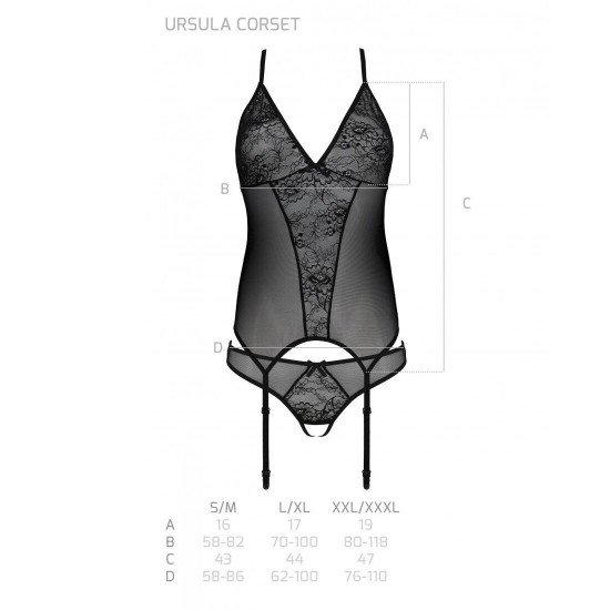 Корсет із пажами, трусики з ажурним декором та відкритим кроком Ursula Corset black XXL/XXXL — Passi Корсет із пажами, трусики з ажурним декором та відкритим кроком Ursula Corset black XXL/XXXL — Passi