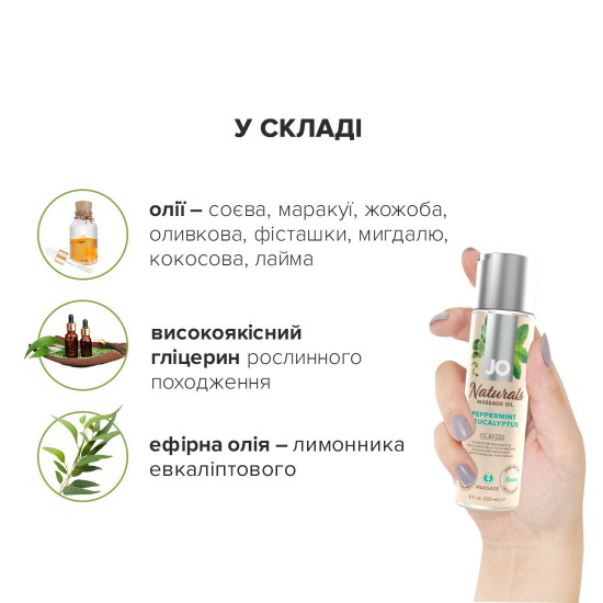 Масажна олія System JO - Naturals Massage Oil - Peppermint & Eucalyptus з натуральними ефірними олія Масажна олія System JO - Naturals Massage Oil - Peppermint & Eucalyptus з натуральними ефірними олія