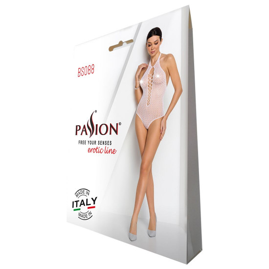 Бодістокінг з декольте Passion BS088 white, імітація корсетної шнурівки Бодістокінг з декольте Passion BS088 white, імітація корсетної шнурівки