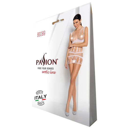 Бодістокінг-сукня Passion BS089 white, міні, плетіння у вигляді павутини Бодістокінг-сукня Passion BS089 white, міні, плетіння у вигляді павутини
