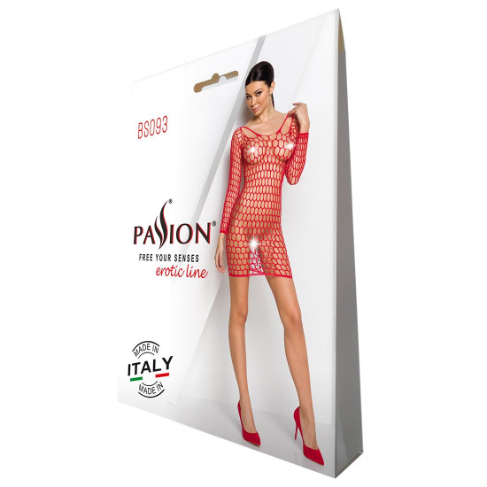 Бодістокінг-сукня з глибоким коміром Passion BS093 red, довгі рукави Бодістокінг-сукня з глибоким коміром Passion BS093 red, довгі рукави