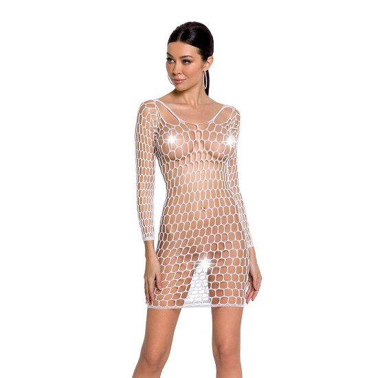 Бодістокінг-сукня з глибоким коміром Passion BS093 white, довгі рукави Бодістокінг-сукня з глибоким коміром Passion BS093 white, довгі рукави