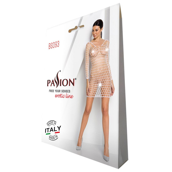 Бодістокінг-сукня з глибоким коміром Passion BS093 white, довгі рукави Бодістокінг-сукня з глибоким коміром Passion BS093 white, довгі рукави