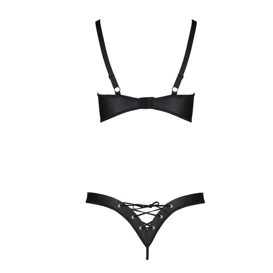 Комплект з екошкіри Celine Bikini black L/XL — Passion: відкритий бра зі стрічками, стрінги зі шнурі Комплект з екошкіри Celine Bikini black L/XL — Passion: відкритий бра зі стрічками, стрінги зі шнурі