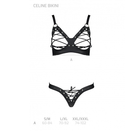 Комплект з екошкіри CELINE BIKINI black S/M — Passion: відкритий бра зі стрічками, стрінги зі шнурів Комплект з екошкіри CELINE BIKINI black S/M — Passion: відкритий бра зі стрічками, стрінги зі шнурів