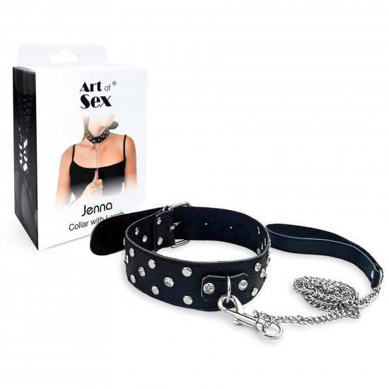 Нашийник з повідцем із натуральної шкіри із заклепками Art of Sex - Jenna Collar with Leash, чорний Нашийник з повідцем із натуральної шкіри із заклепками Art of Sex - Jenna Collar with Leash, чорний