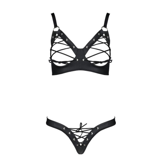 Комплект з екошкіри Passion Celine Bikini 6XL/7XL black, відкритий бра, стрінги зі шнурівкою Комплект з екошкіри Passion Celine Bikini 6XL/7XL black, відкритий бра, стрінги зі шнурівкою