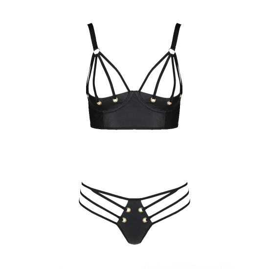 Комплект з екошкіри Passion Malwia Bikini 4XL/5XL black, з люверсами та ремінцями, бра, трусики Комплект з екошкіри Passion Malwia Bikini 4XL/5XL black, з люверсами та ремінцями, бра, трусики
