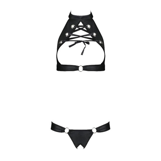 Комплект із екошкіри Passion Malwia Set with Open Bra 4XL/5XL black, топ та трусики з люверсами Комплект із екошкіри Passion Malwia Set with Open Bra 4XL/5XL black, топ та трусики з люверсами