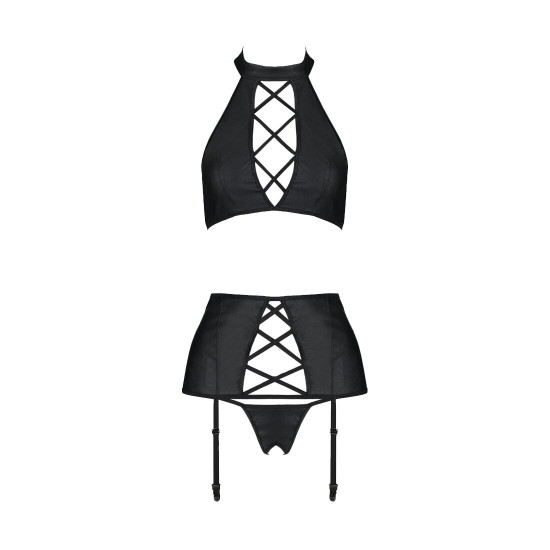 Комплект із екошкіри Passion Nancy Set 6XL/7XL black, імітація шнурівки, топ, пояс для панчіх Комплект із екошкіри Passion Nancy Set 6XL/7XL black, імітація шнурівки, топ, пояс для панчіх