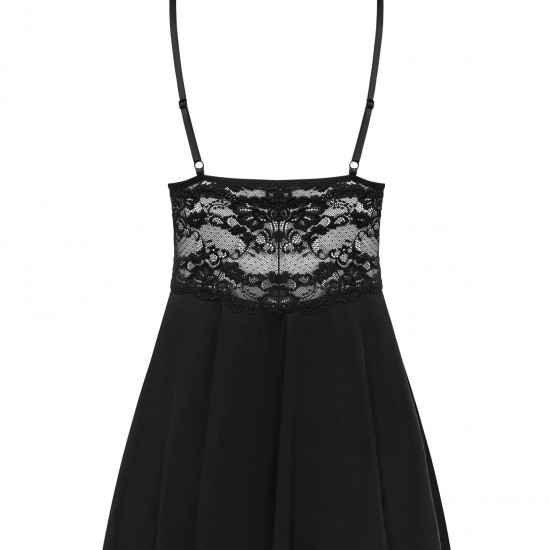 Сатиновий пеньюар з мереживом Obsessive 810-BAB-1 babydoll & thong L/XL, чорний, пеньюар, танга Сатиновий пеньюар з мереживом Obsessive 810-BAB-1 babydoll & thong L/XL, чорний, пеньюар, танга