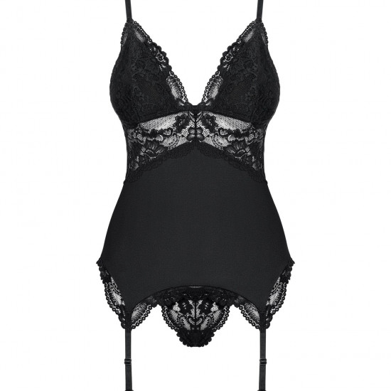 Сатиновий мереживний корсет Obsessive 810-COR-1 babydoll & thong S/M, чорний, корсет, танга Сатиновий мереживний корсет Obsessive 810-COR-1 babydoll & thong S/M, чорний, корсет, танга