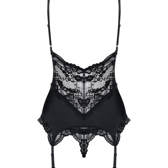 Сатиновий мереживний корсет Obsessive 810-COR-1 babydoll & thong L/XL, чорний, корсет, танга Сатиновий мереживний корсет Obsessive 810-COR-1 babydoll & thong L/XL, чорний, корсет, танга