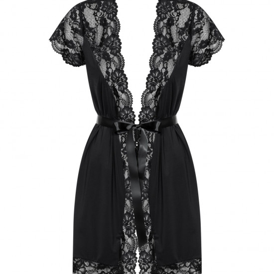 Сатиновий відкритий пеньюар на поясі Obsessive 810-PEI–1 peignoir black L/XL, чорний Сатиновий відкритий пеньюар на поясі Obsessive 810-PEI–1 peignoir black L/XL, чорний