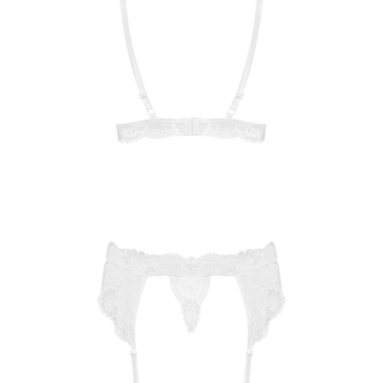 Мереживний комплект білизни Obsessive 810-SEG-1 L/XL White, бюстгальтер, стрінги, пояс для панчіх Мереживний комплект білизни Obsessive 810-SEG-1 L/XL White, бюстгальтер, стрінги, пояс для панчіх