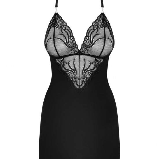 Сатиновий комплект для сну з мереживом Obsessive 828-CHE-1 chemise & thong L/XL, чорний, сорочка, ст Сатиновий комплект для сну з мереживом Obsessive 828-CHE-1 chemise & thong L/XL, чорний, сорочка, ст