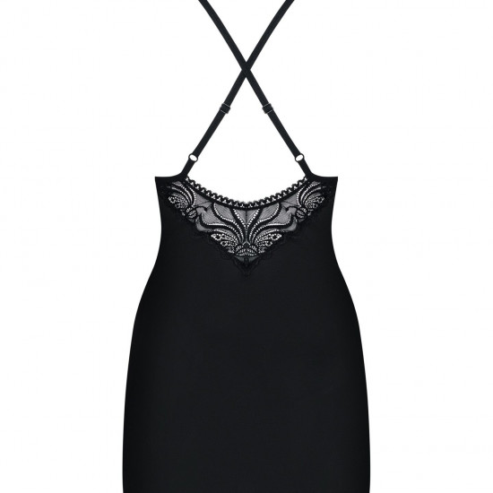 Сатиновий комплект для сну з мереживом Obsessive 828-CHE-1 chemise & thong L/XL, чорний, сорочка, ст Сатиновий комплект для сну з мереживом Obsessive 828-CHE-1 chemise & thong L/XL, чорний, сорочка, ст