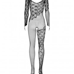 (SALE) Бодістокінг Obsessive Bodystocking F210 S/M/L black, рукава-мітенки, сітка, кольорове мереживо
