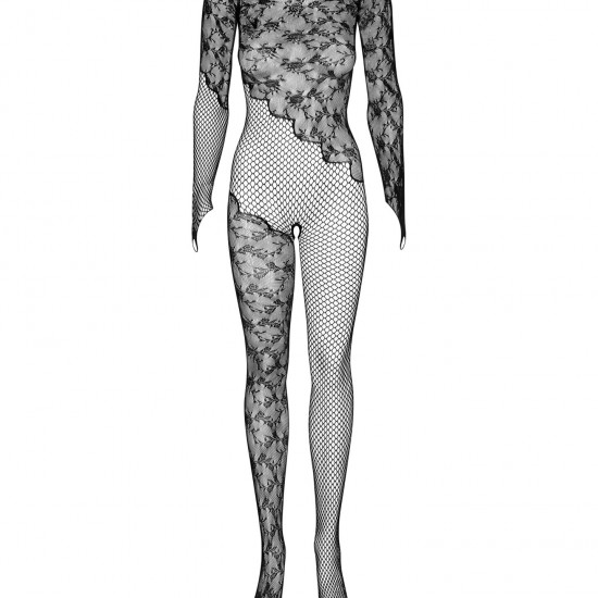Бодістокінг Obsessive Bodystocking F210 S/M/L black, рукава-мітенки, сітка, кольорове мереживо Бодістокінг Obsessive Bodystocking F210 S/M/L black, рукава-мітенки, сітка, кольорове мереживо