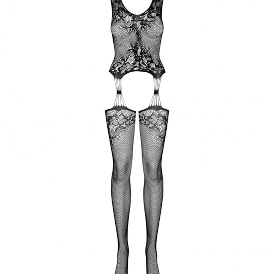 Бодістокінг Obsessive Bodystocking F221 XL/XXL, силуетний квітковий малюнок, імітація панчіх Бодістокінг Obsessive Bodystocking F221 XL/XXL, силуетний квітковий малюнок, імітація панчіх