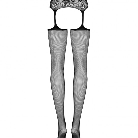 Сітчасті панчохи-стокінги з мереживним поясом Obsessive Garter stockings S307 XL/X, чорні, імітація Сітчасті панчохи-стокінги з мереживним поясом Obsessive Garter stockings S307 XL/X, чорні, імітація