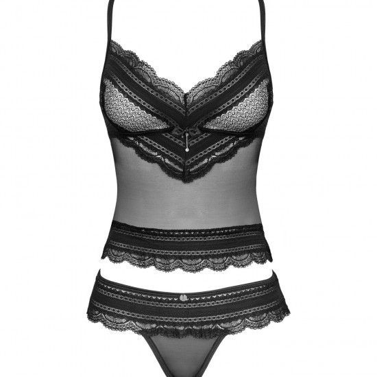 Напівпрозорий набір з прикрасами Obsessive Ivannes top & thong L/XL, чорний, топ та танга Напівпрозорий набір з прикрасами Obsessive Ivannes top & thong L/XL, чорний, топ та танга