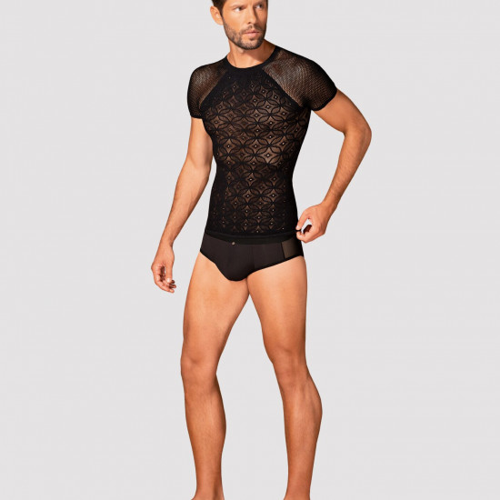 Чоловіча напівпрозора футболка з орнаментом Obsessive T102 T-shirt S/M/L, чорна Чоловіча напівпрозора футболка з орнаментом Obsessive T102 T-shirt S/M/L, чорна