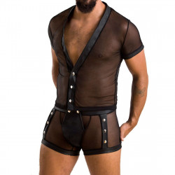Комплект сітчастої чоловічої білизни Passion 052 SET MICHAEL 2XL/3XL black сорочка, боксери заклепки