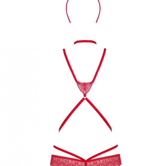 Еротичний костюм чортика зі стреп Obsessive Evilia teddy red L/XL, боді, чокер, накладки на соски, о Еротичний костюм чортика зі стреп Obsessive Evilia teddy red L/XL, боді, чокер, накладки на соски, о