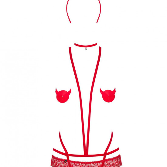 Еротичний костюм чортика зі стреп Obsessive Evilia teddy red L/XL, боді, чокер, накладки на соски, о Еротичний костюм чортика зі стреп Obsessive Evilia teddy red L/XL, боді, чокер, накладки на соски, о