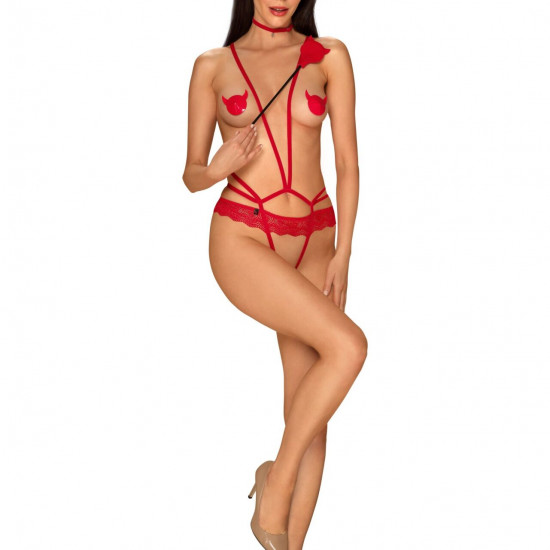 Еротичний костюм чортика зі стреп Obsessive Evilia teddy red L/XL, боді, чокер, накладки на соски, о Еротичний костюм чортика зі стреп Obsessive Evilia teddy red L/XL, боді, чокер, накладки на соски, о