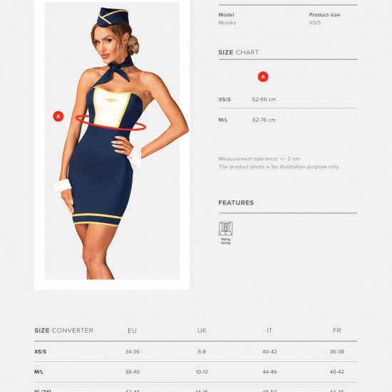 Еротичний костюм стюардеси Obsessive Stewardess uniform M/L, blue, сукня, пілотка, шарф, манжети Еротичний костюм стюардеси Obsessive Stewardess uniform M/L, blue, сукня, пілотка, шарф, манжети