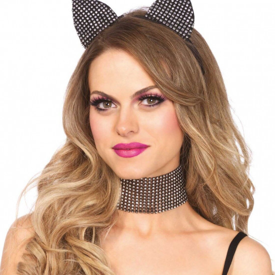 Набір кішечки зі стразами Leg Avenue Cat ear headband & choker set, широкий чокер та вушка Набір кішечки зі стразами Leg Avenue Cat ear headband & choker set, широкий чокер та вушка