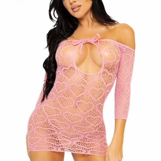 Сукня-сітка з сердечками Leg Avenue Heart net mini dress Pink, зав’язки, відкриті плечі, one size Сукня-сітка з сердечками Leg Avenue Heart net mini dress Pink, зав’язки, відкриті плечі, one size